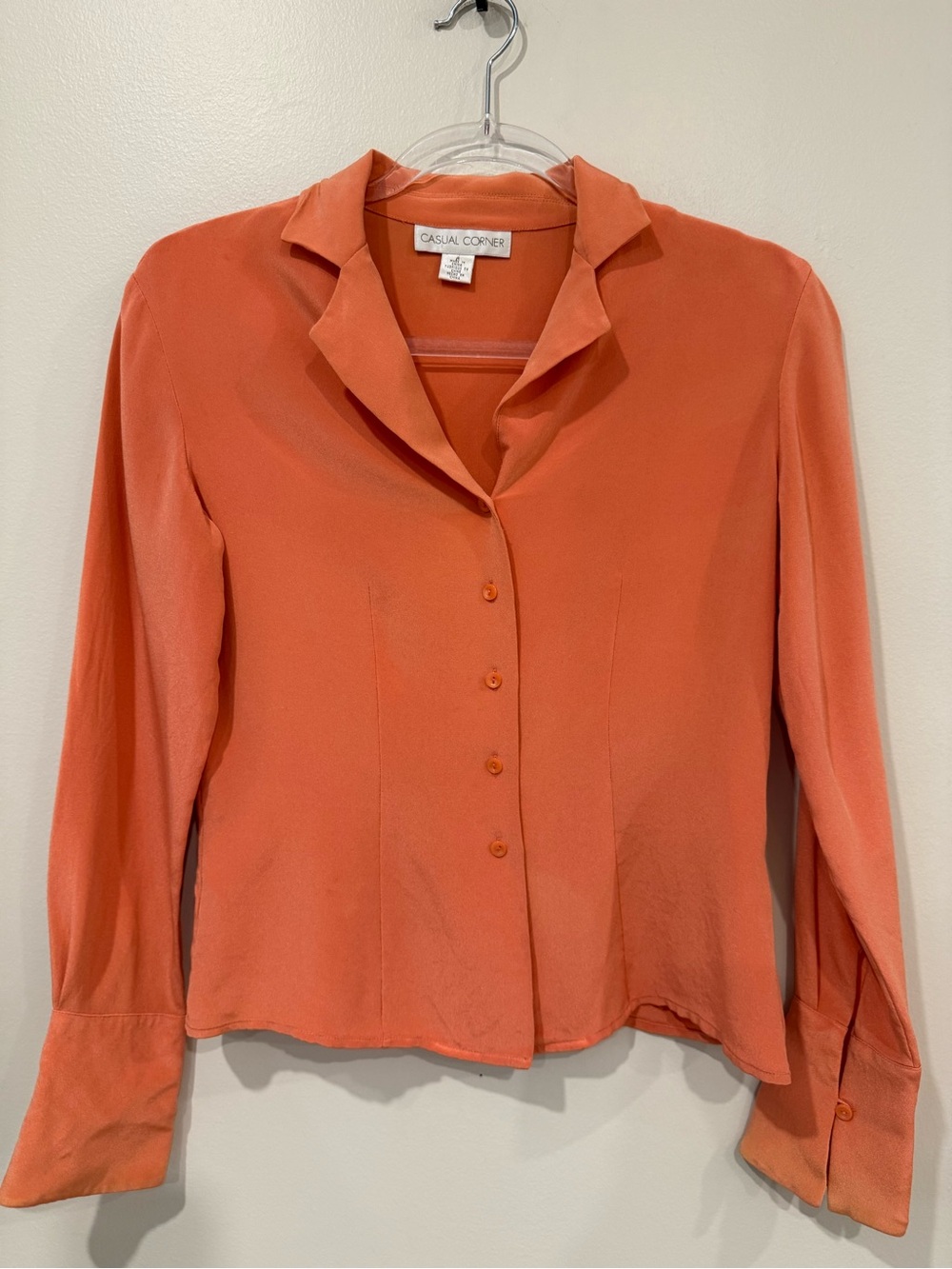Vintage Casual Corner Silk Blouse Coral Salmon Pink Orange Button Up Shirt